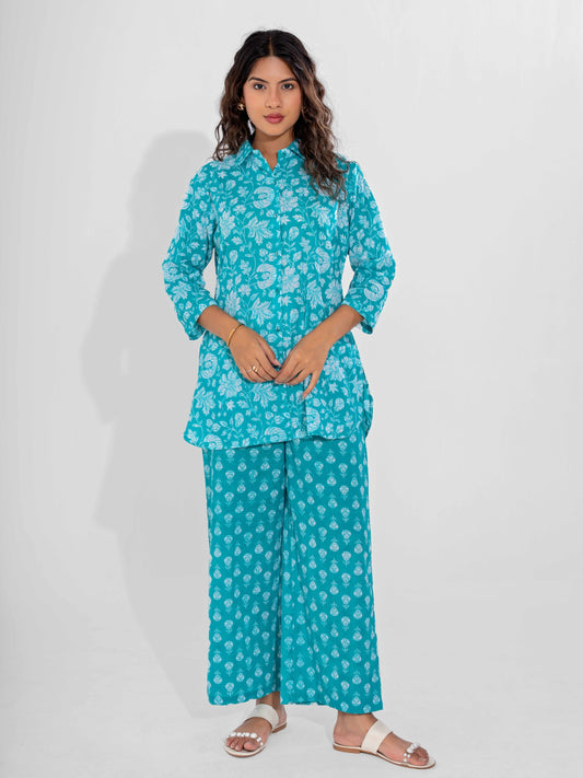 Cyan Pure Cotton Collar Neck Co-ord set