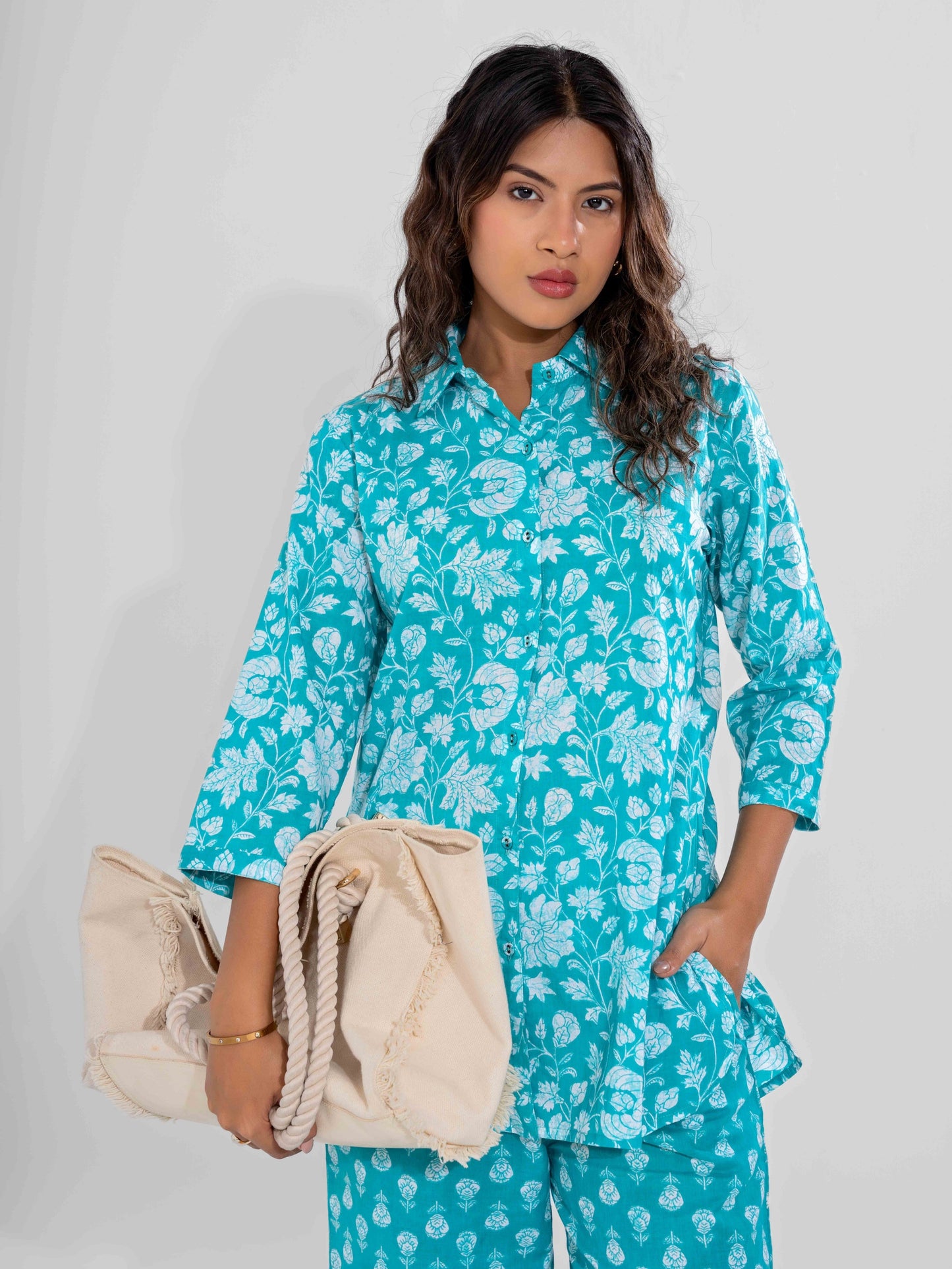 Cyan Pure Cotton Collar Neck Co-ord set