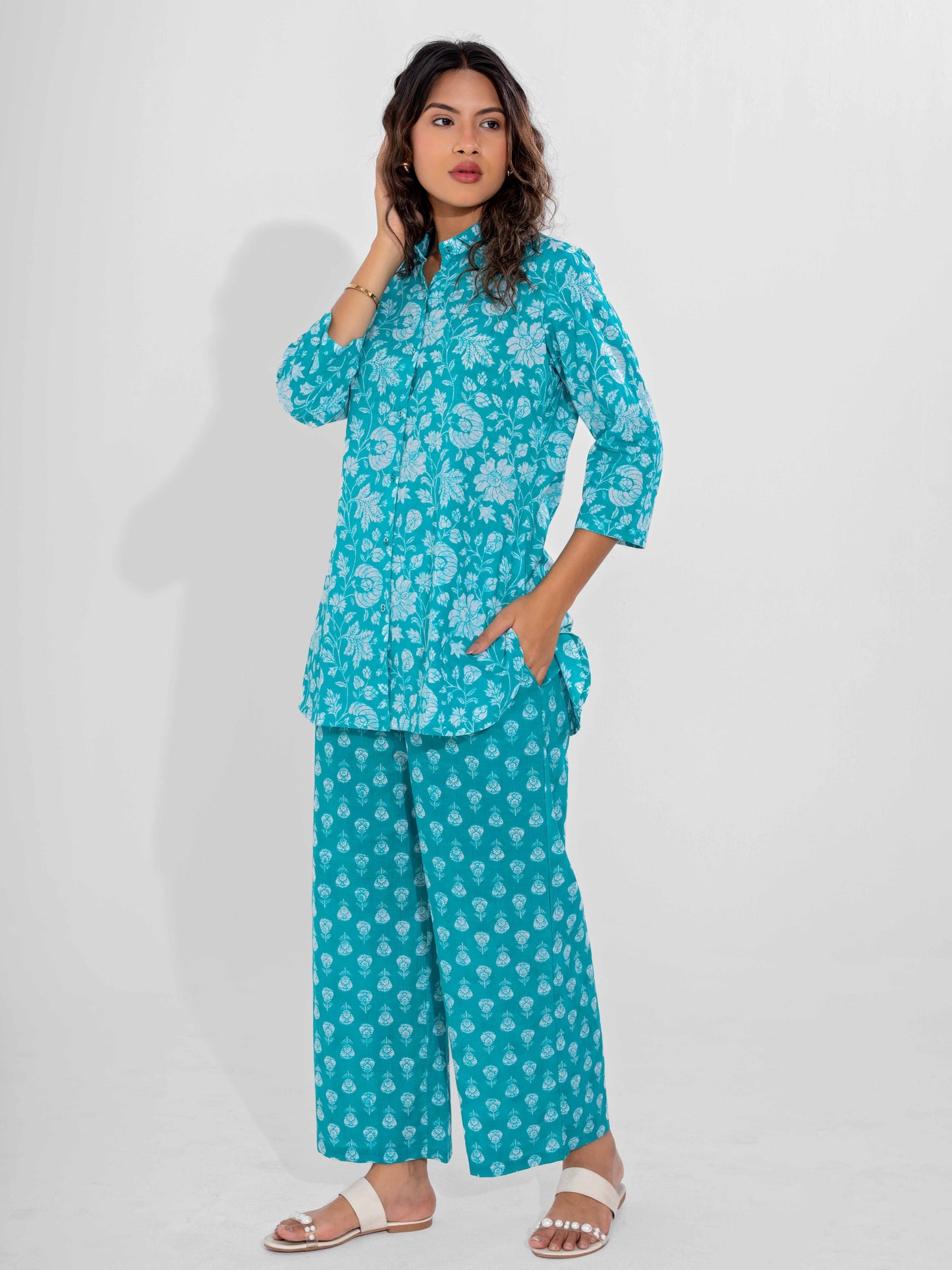 Cyan Pure Cotton Collar Neck Co-ord set