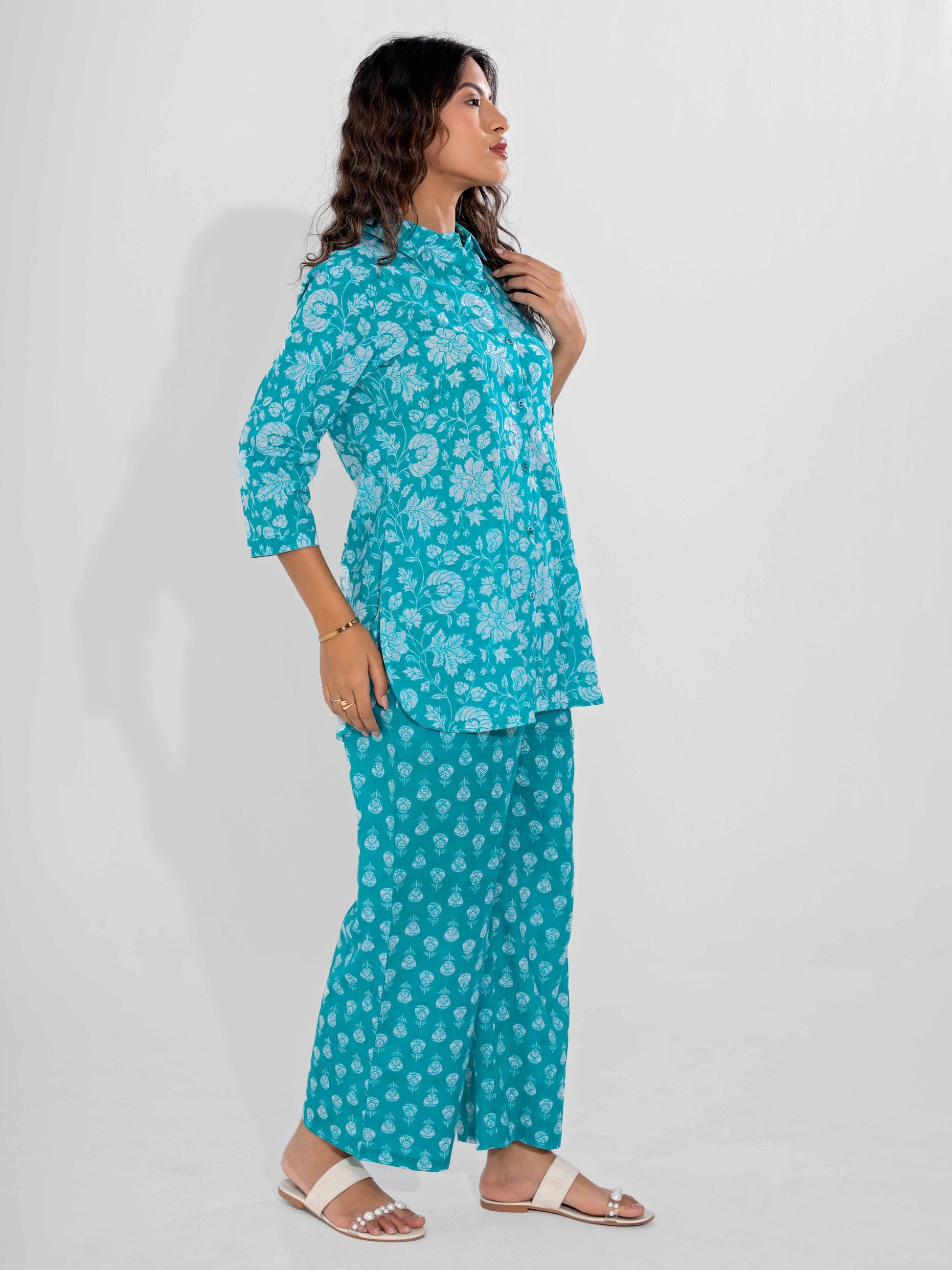 Cyan Pure Cotton Collar Neck Co-ord set