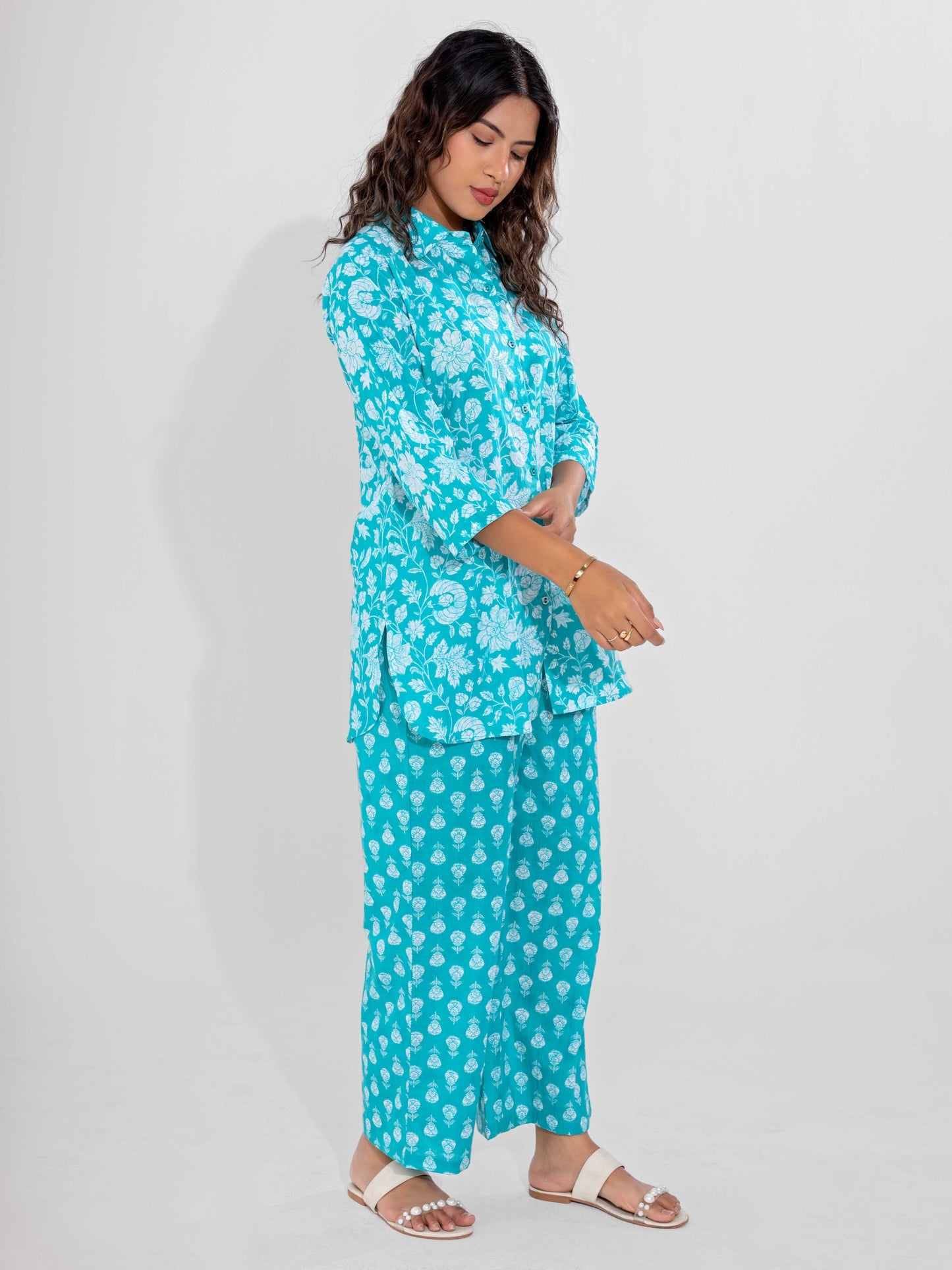 Cyan Pure Cotton Collar Neck Co-ord set