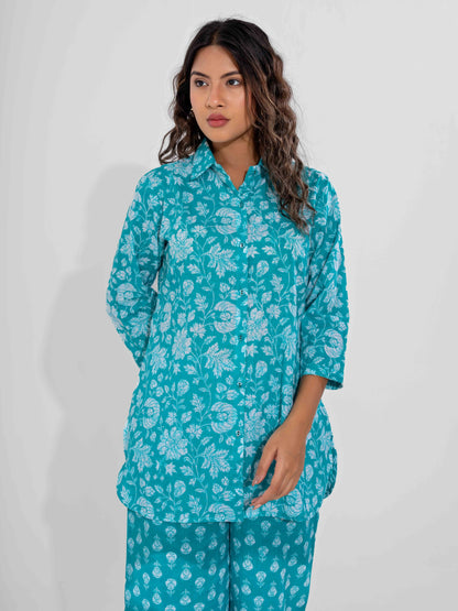 Cyan Pure Cotton Collar Neck Co-ord set