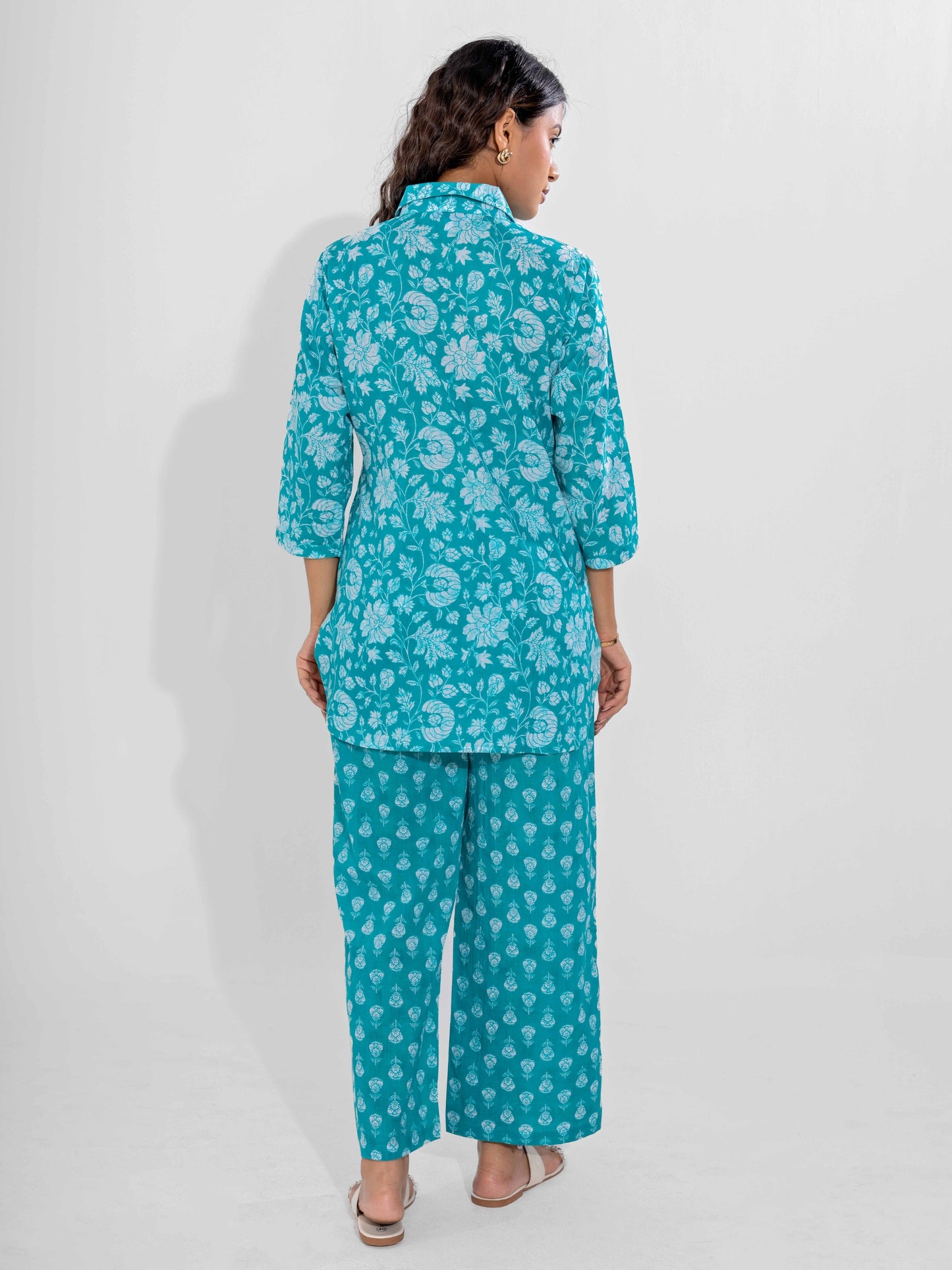 Cyan Pure Cotton Collar Neck Co-ord set