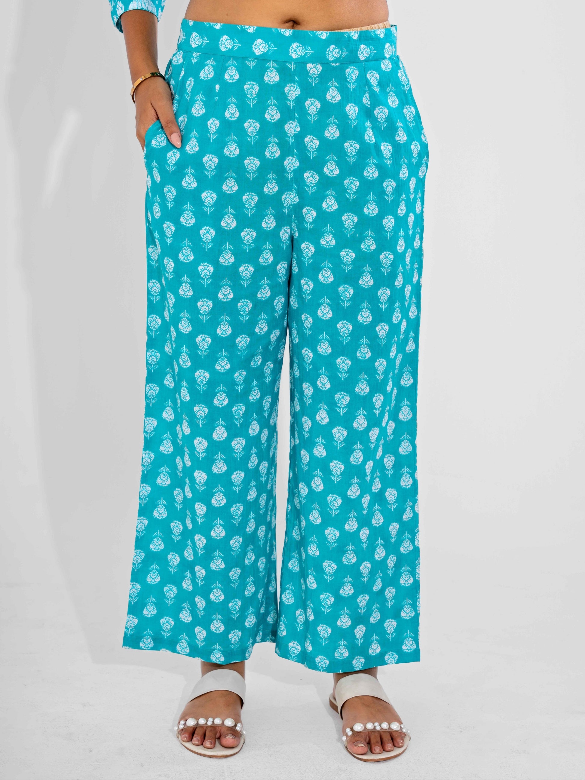 Cyan Pure Cotton Collar Neck Co-ord set