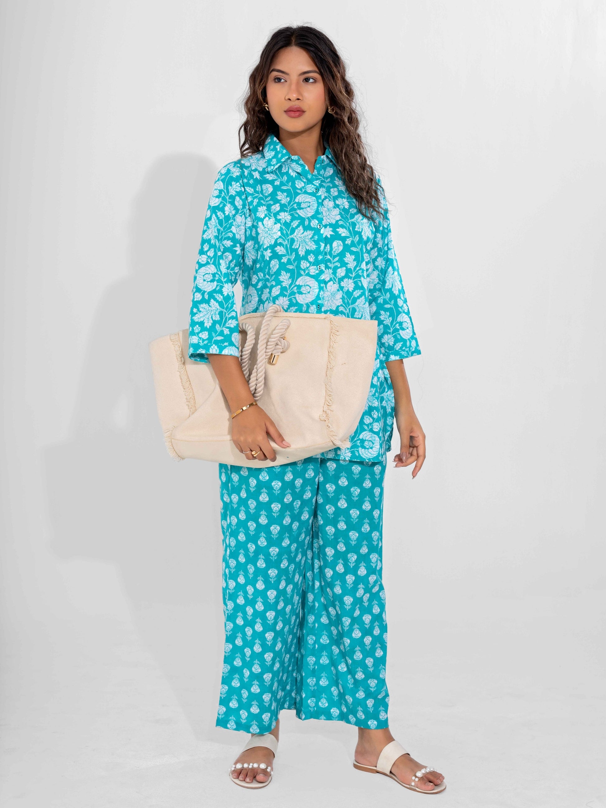 Cyan Pure Cotton Collar Neck Co-ord set