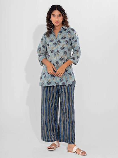 Blue Mist Pure Cotton Collar Shirt Co-ord Set