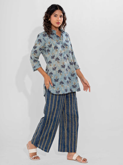 Blue Mist Pure Cotton Collar Shirt Co-ord Set
