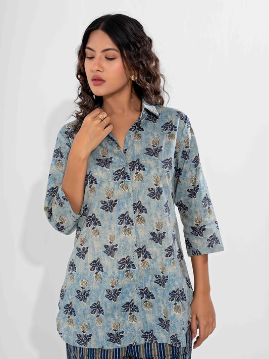 Blue Mist Pure Cotton Collar Shirt Co-ord Set