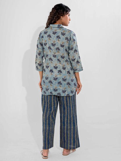 Blue Mist Pure Cotton Collar Shirt Co-ord Set