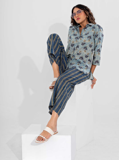 Blue Mist Pure Cotton Collar Shirt Co-ord Set