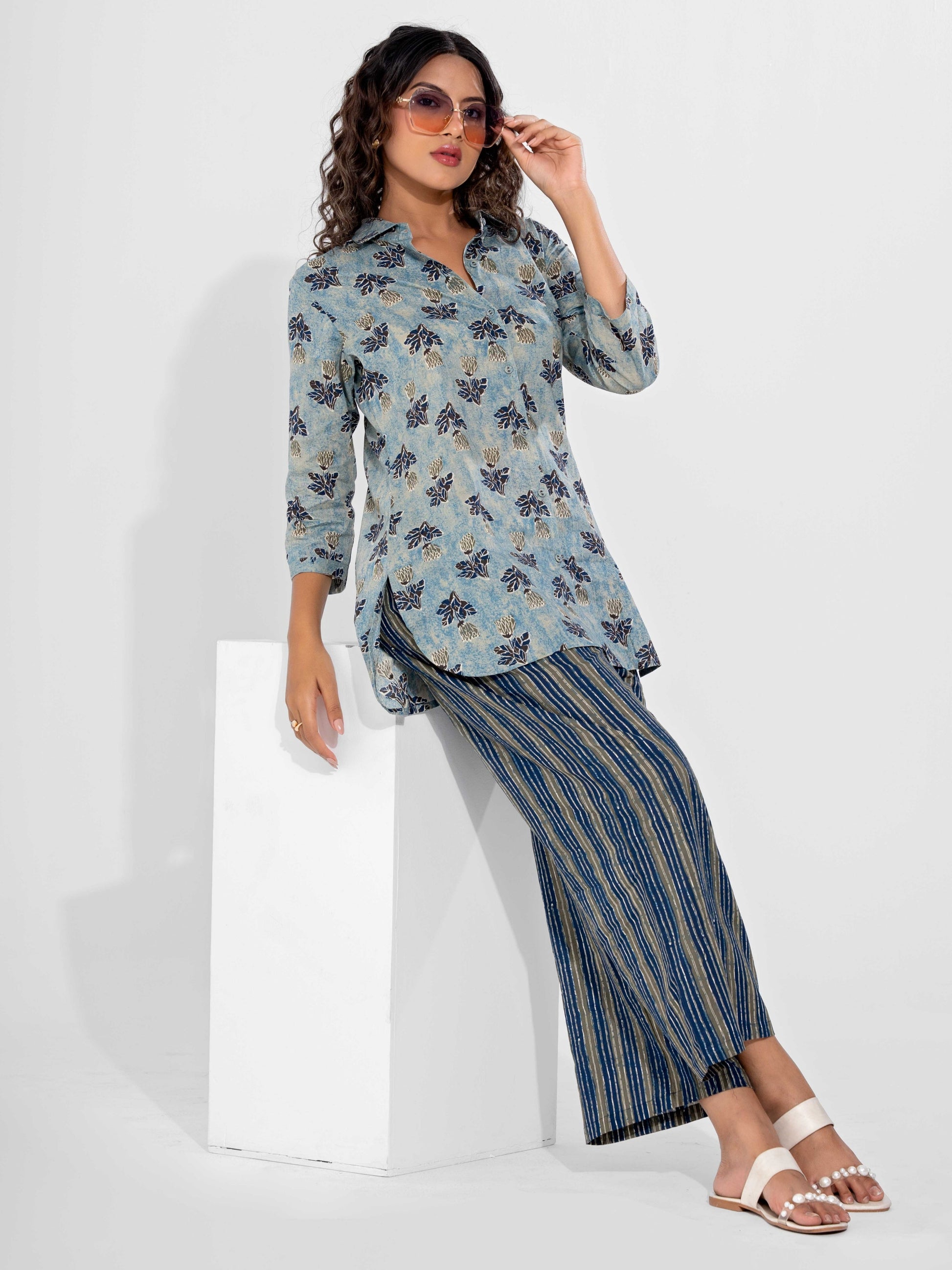 Blue Mist Pure Cotton Collar Shirt Co-ord Set