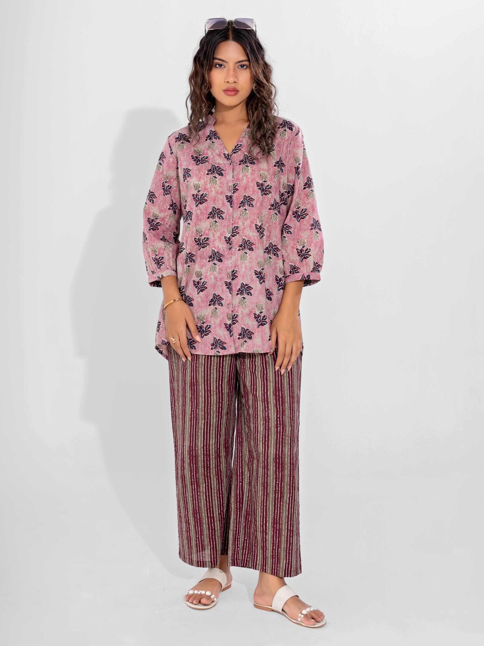 Pink Texture Pure Cotton Back Pleated Co-ord Set