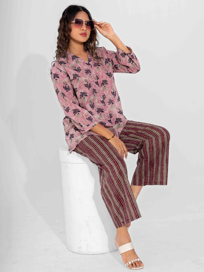 Pink Texture Pure Cotton Back Pleated Co-ord Set