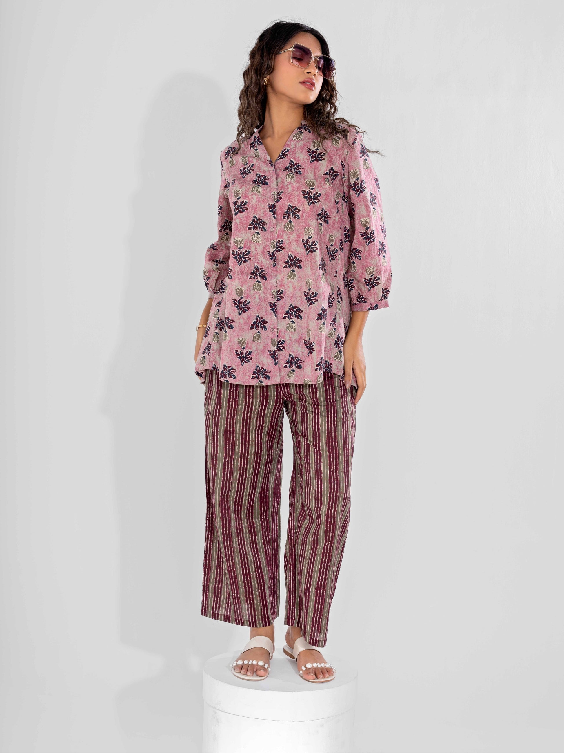 Pink Texture Pure Cotton Back Pleated Co-ord Set