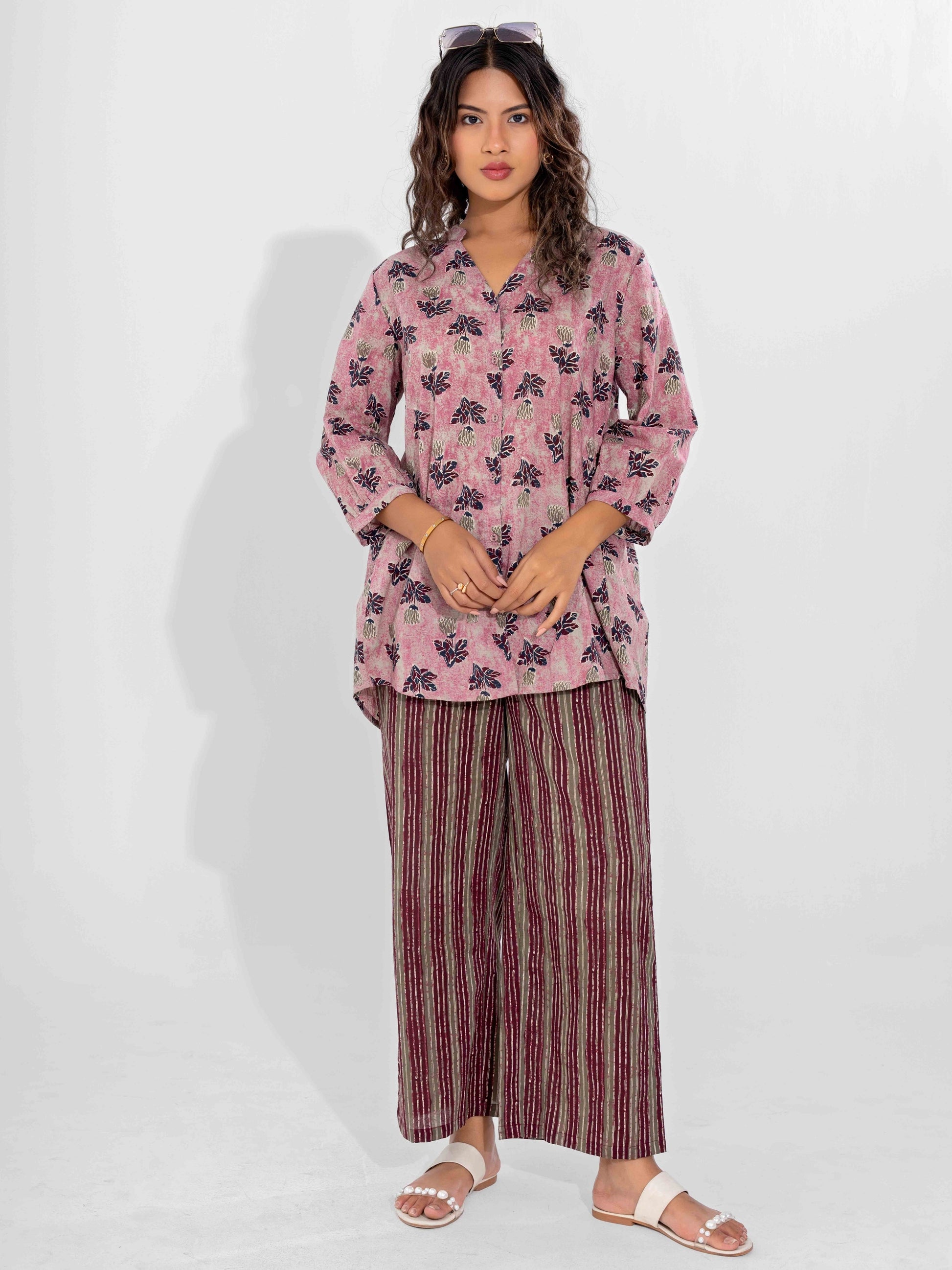 Pink Texture Pure Cotton Back Pleated Co-ord Set