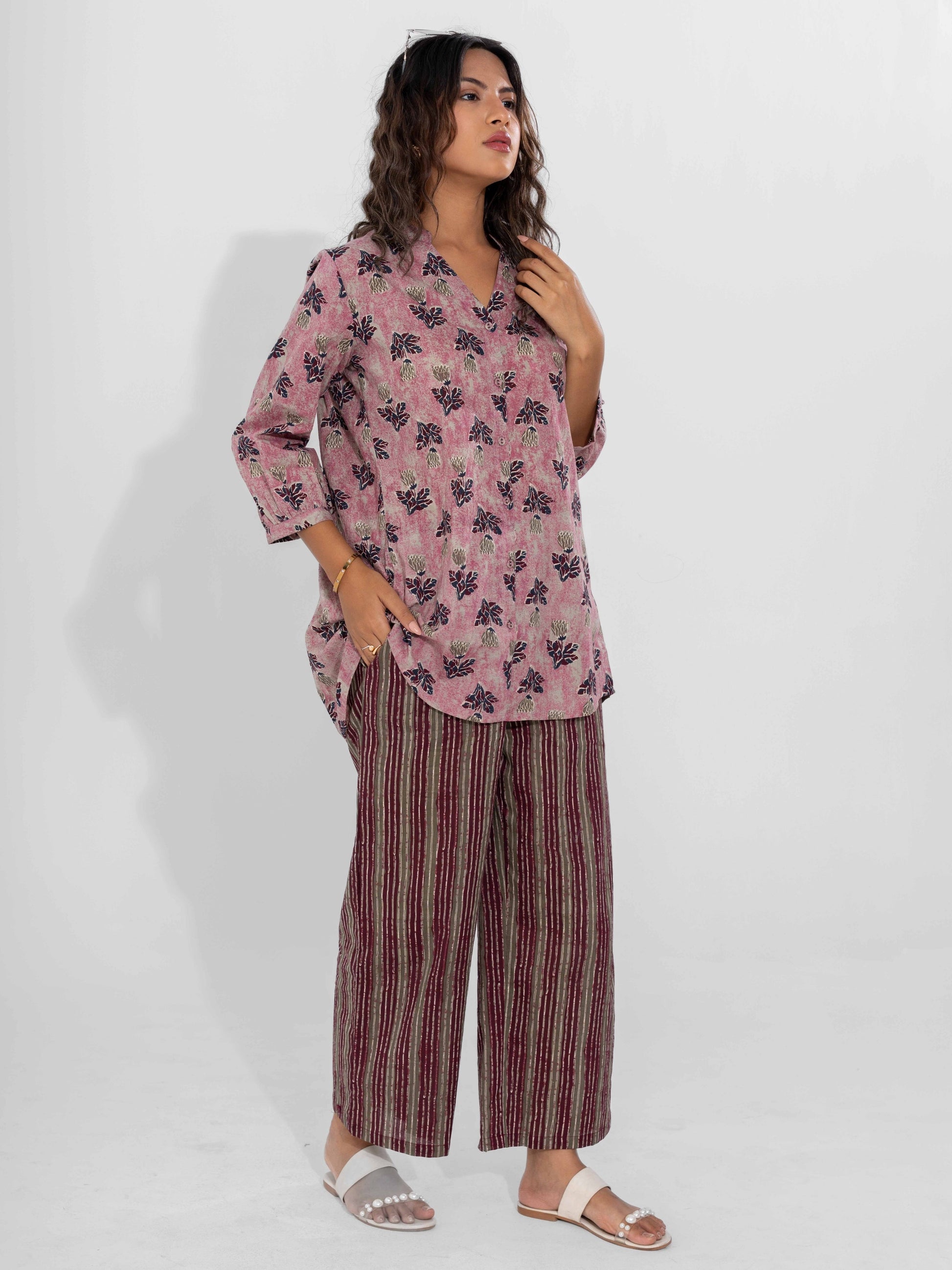 Pink Texture Pure Cotton Back Pleated Co-ord Set