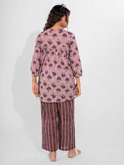 Pink Texture Pure Cotton Back Pleated Co-ord Set