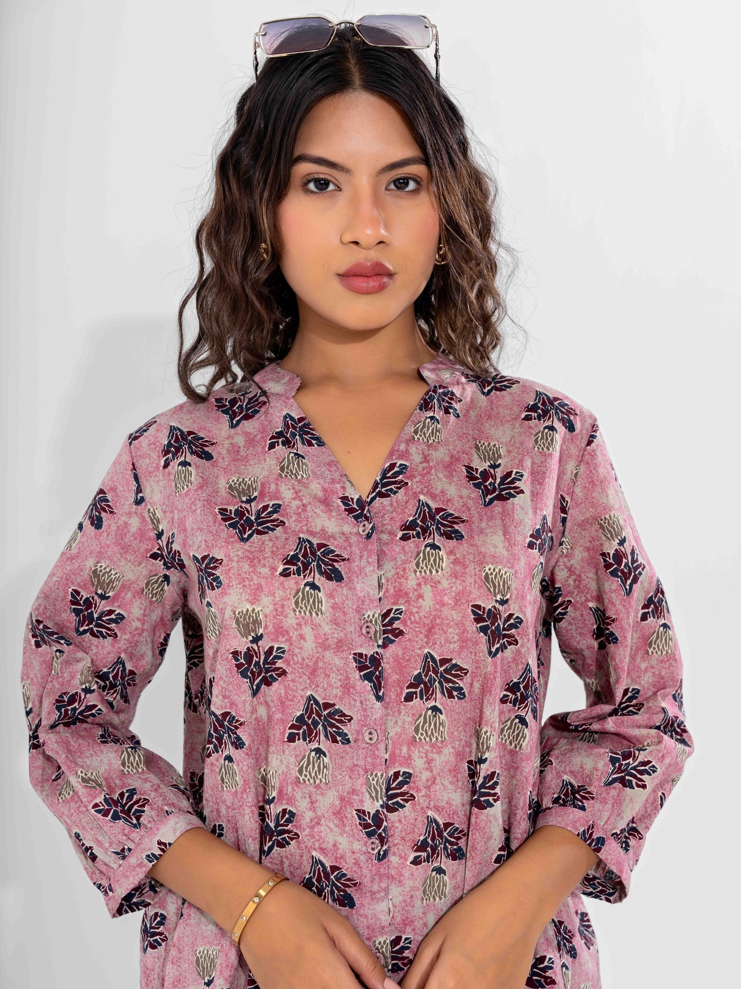 Pink Texture Pure Cotton Back Pleated Co-ord Set