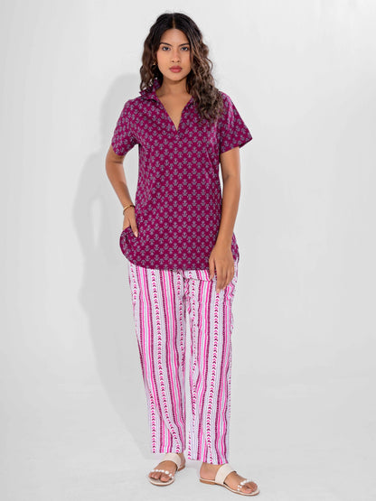Wine Buta Pure Cotton Short Sleeves Collar Co-Ord Set
