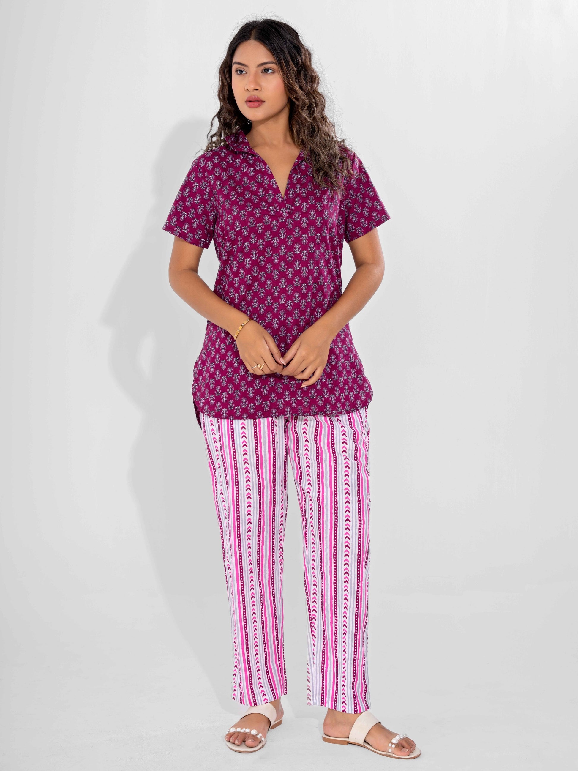 Wine Buta Pure Cotton Short Sleeves Collar Co-Ord Set