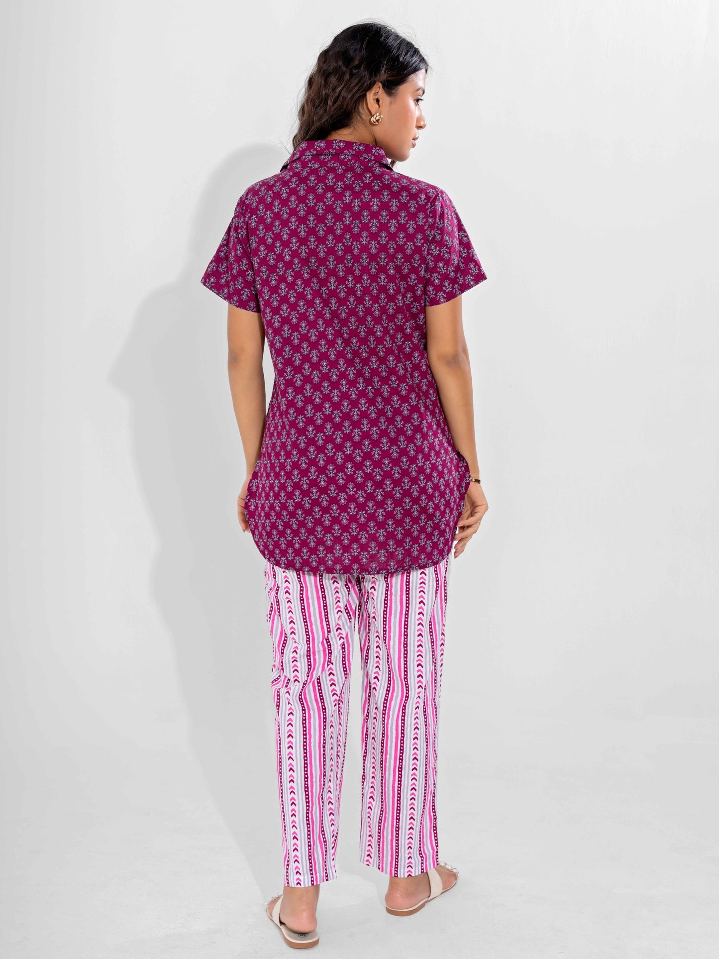 Wine Buta Pure Cotton Short Sleeves Collar Co-Ord Set