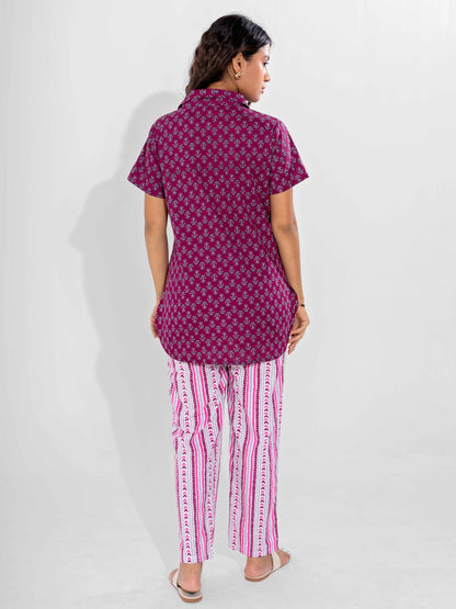 Wine Buta Pure Cotton Short Sleeves Collar Co-Ord Set