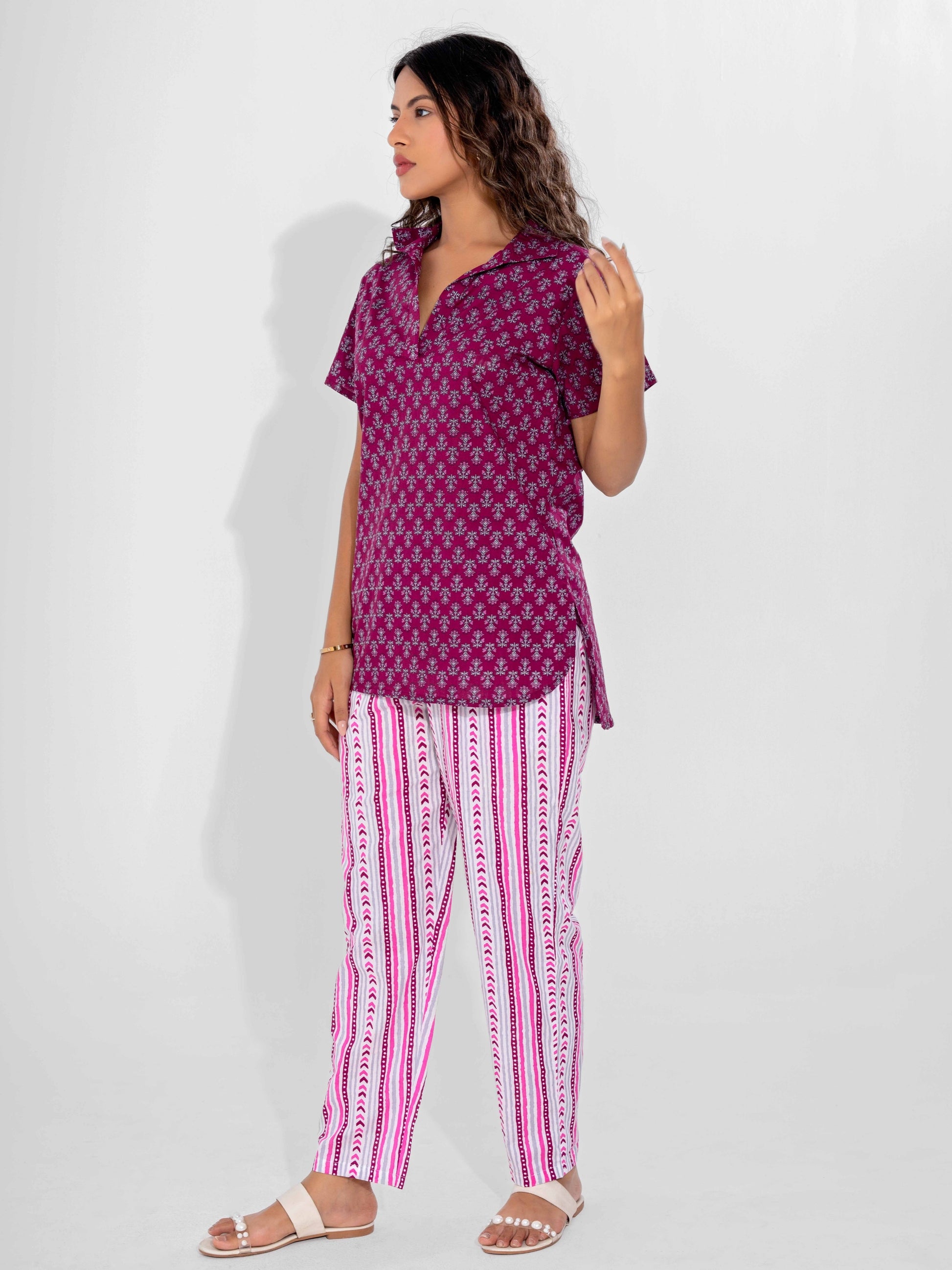 Wine Buta Pure Cotton Short Sleeves Collar Co-Ord Set