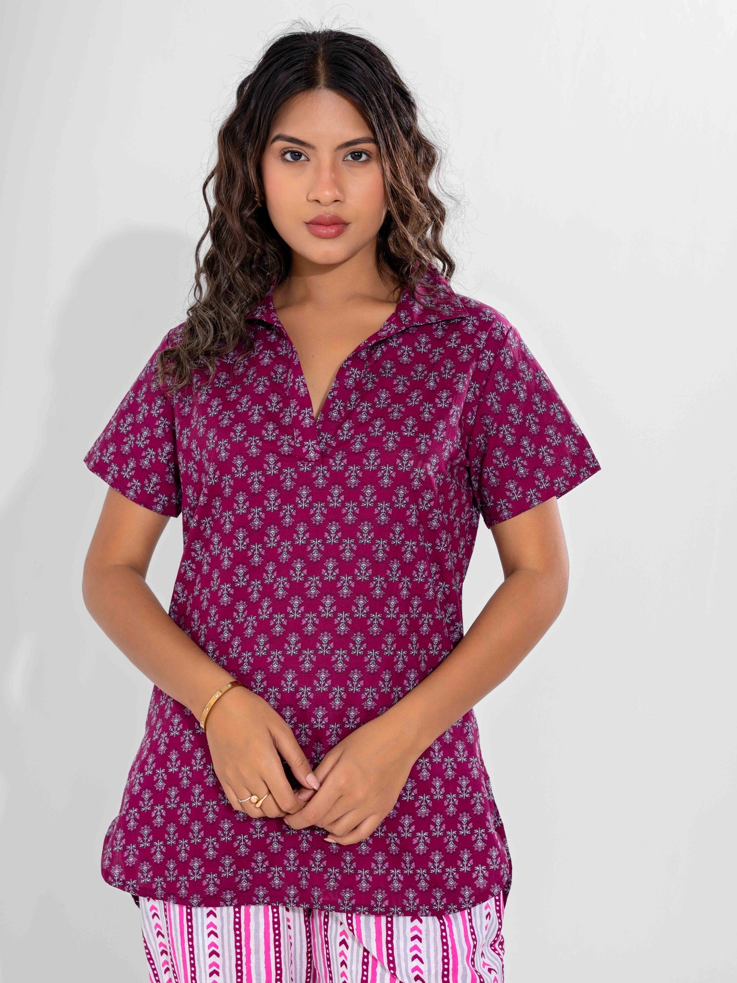 Wine Buta Pure Cotton Short Sleeves Collar Co-Ord Set