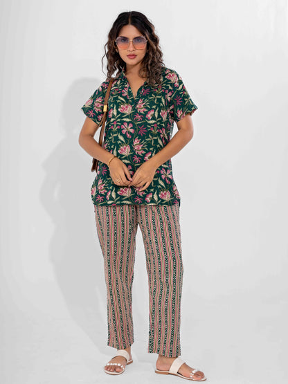Green Delight Pure Cotton Short Sleeves Collar Co-Ord Set