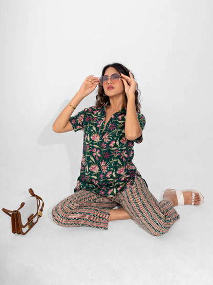 Green Delight Pure Cotton Short Sleeves Collar Co-Ord Set