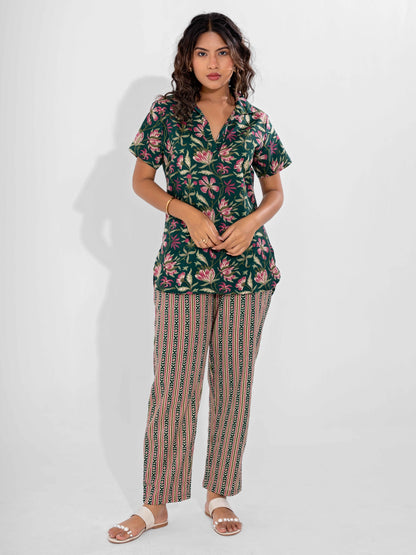 Green Delight Pure Cotton Short Sleeves Collar Co-Ord Set