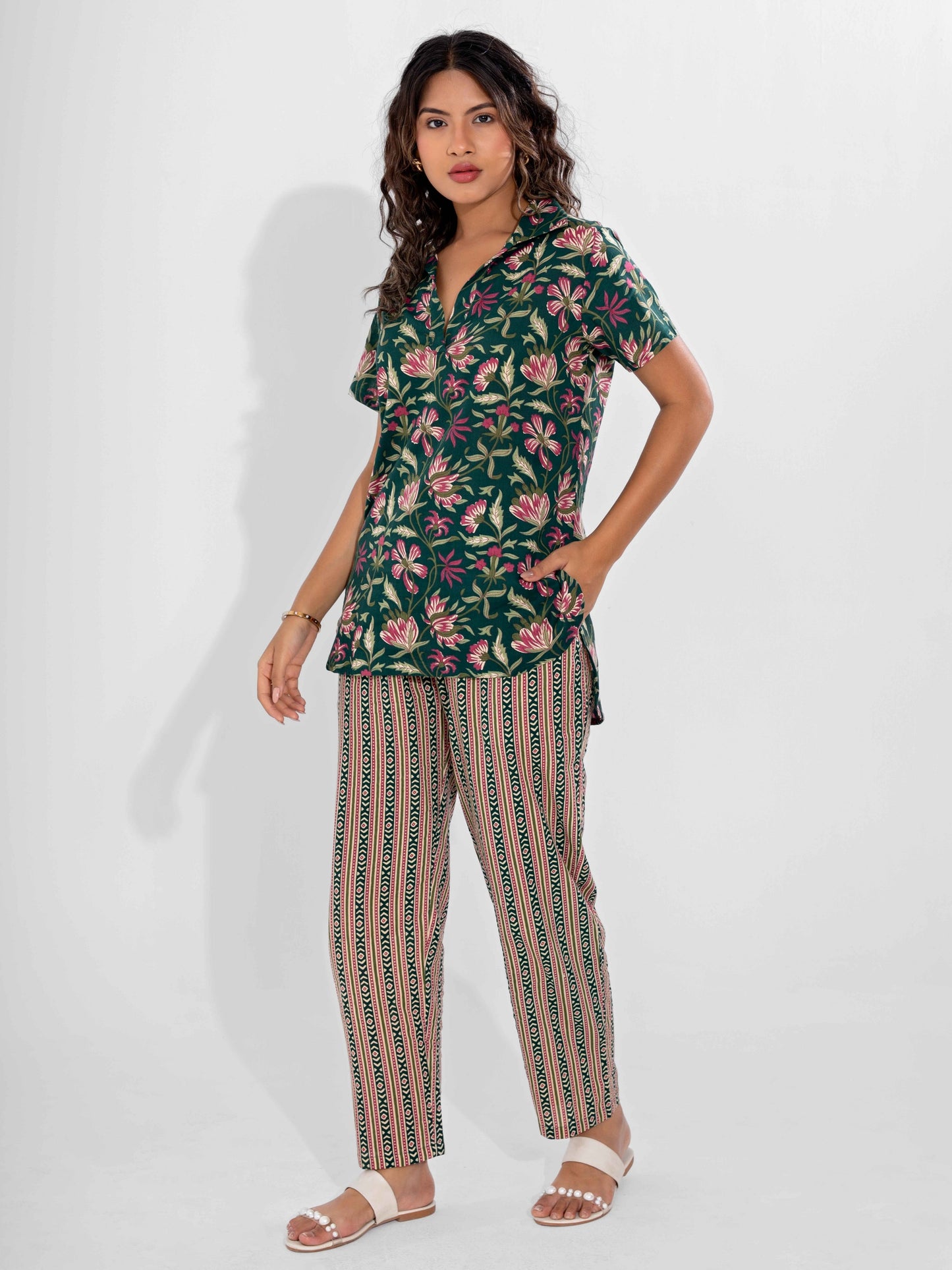 Green Delight Pure Cotton Short Sleeves Collar Co-Ord Set