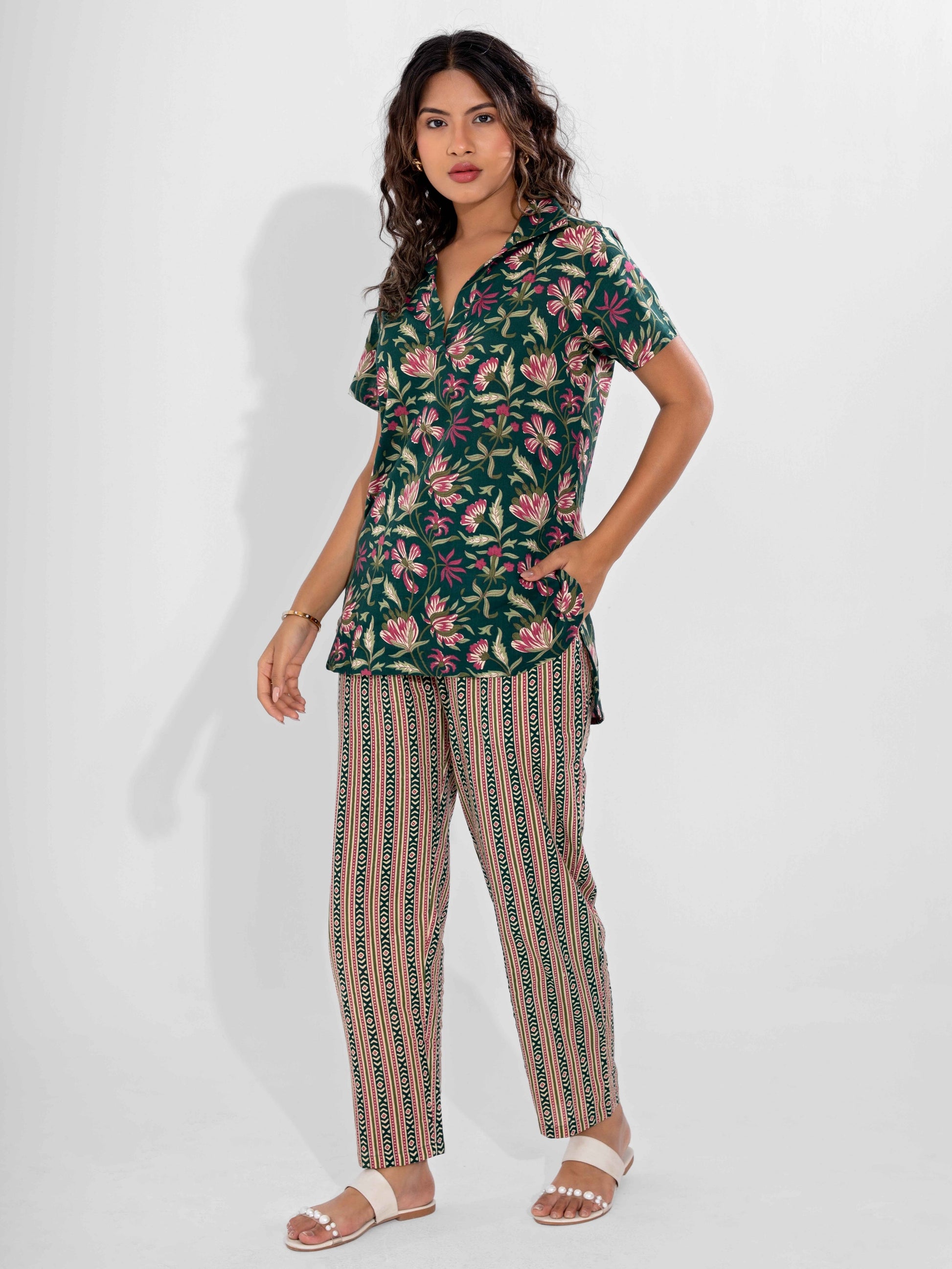 Green Delight Pure Cotton Short Sleeves Collar Co-Ord Set