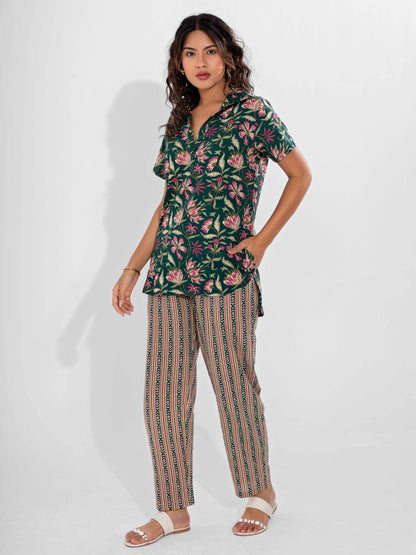 Green Delight Pure Cotton Short Sleeves Collar Co-Ord Set