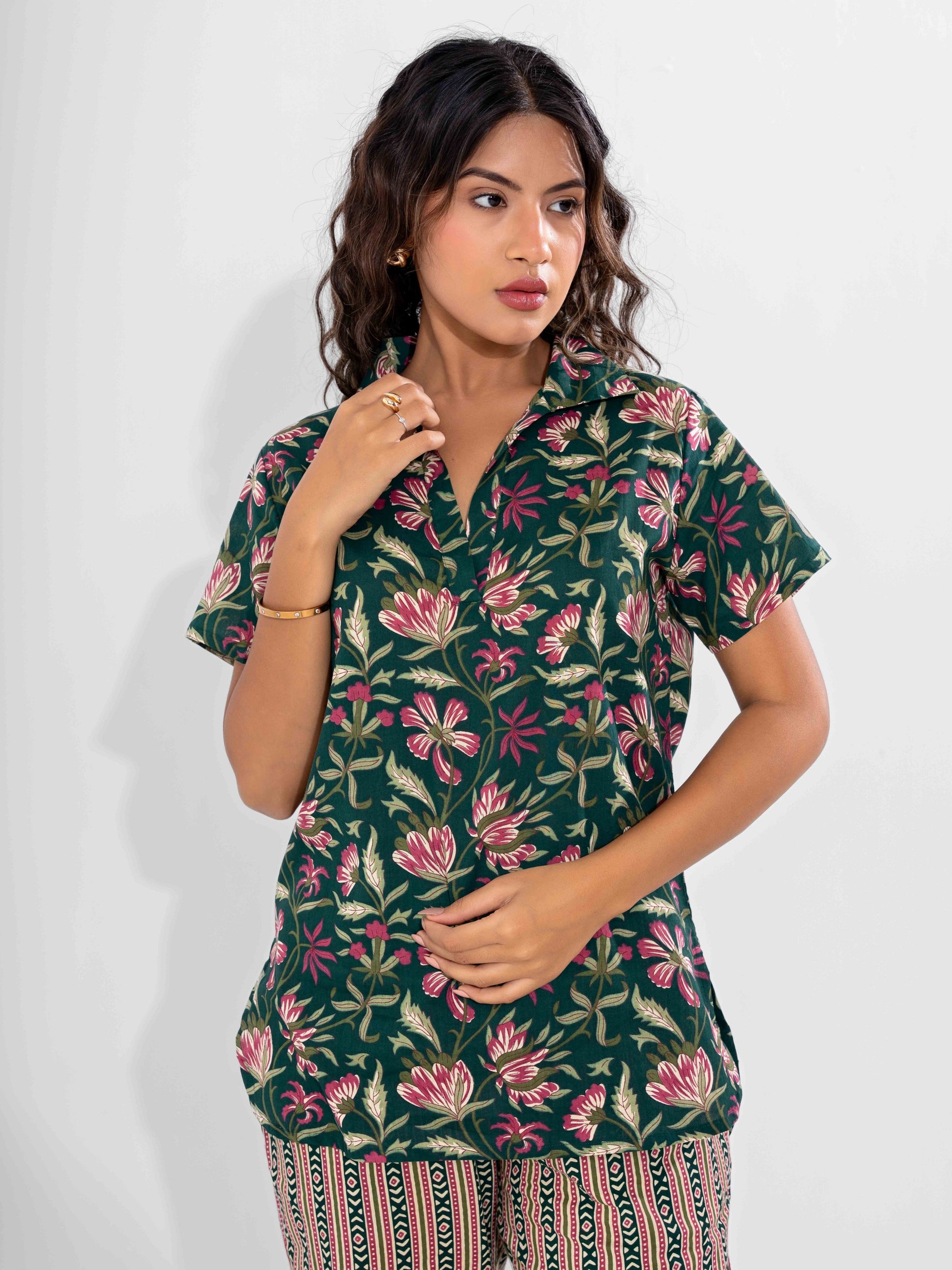 Green Delight Pure Cotton Short Sleeves Collar Co-Ord Set