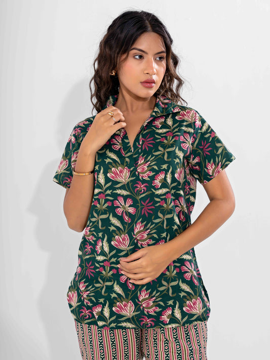 Green Delight Pure Cotton Short Sleeves Collar Co-Ord Set