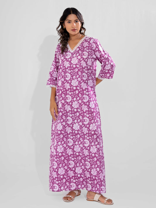 Taffy Pink Printed pureCotton V-Neck Night Maxi