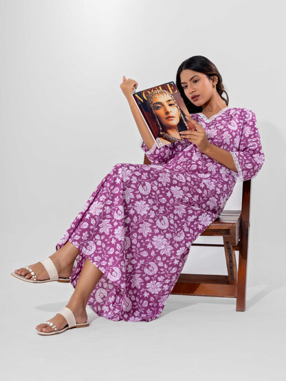 Taffy Pink Printed pureCotton V-Neck Night Maxi