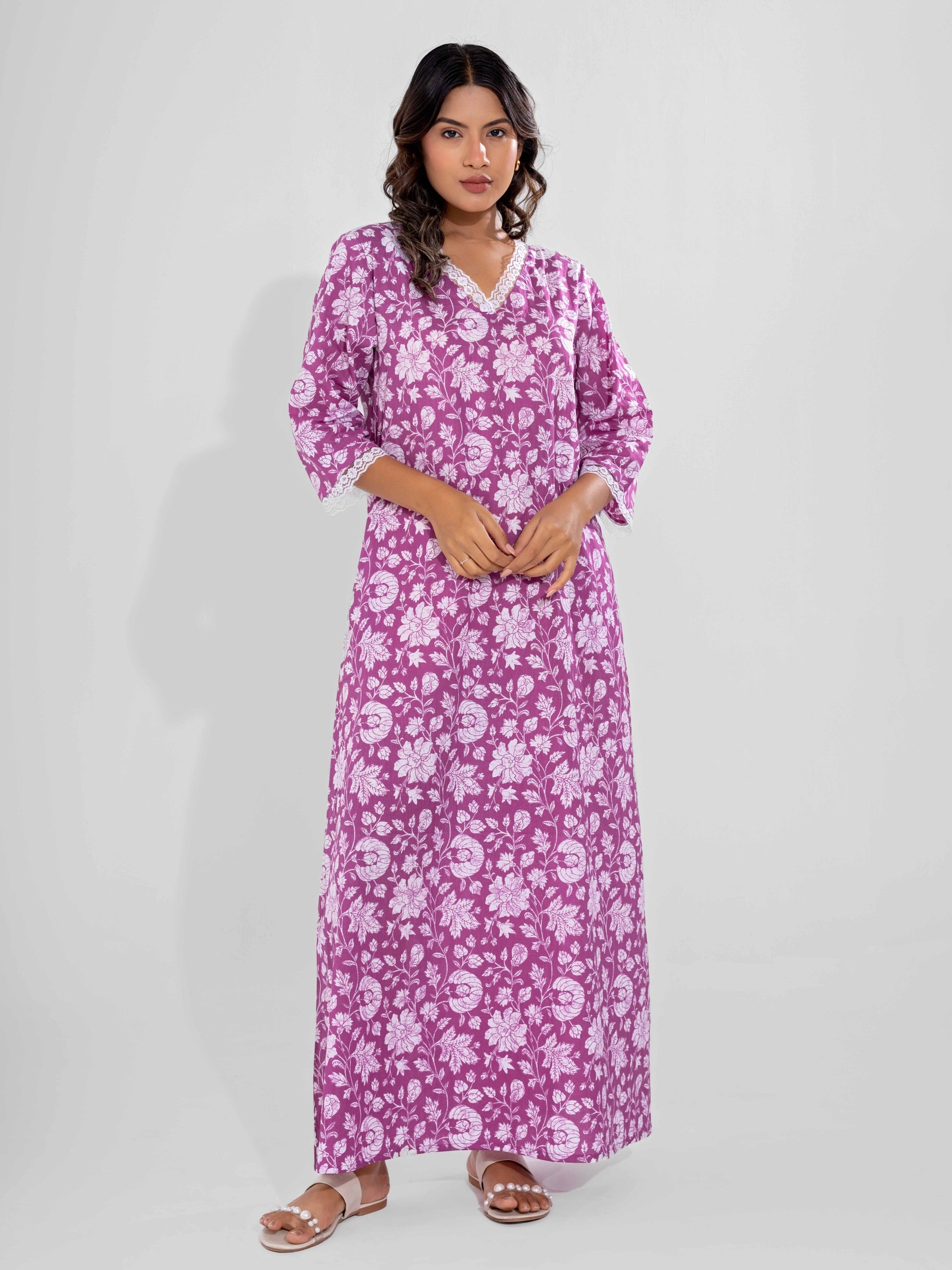 Taffy Pink Printed pureCotton V-Neck Night Maxi