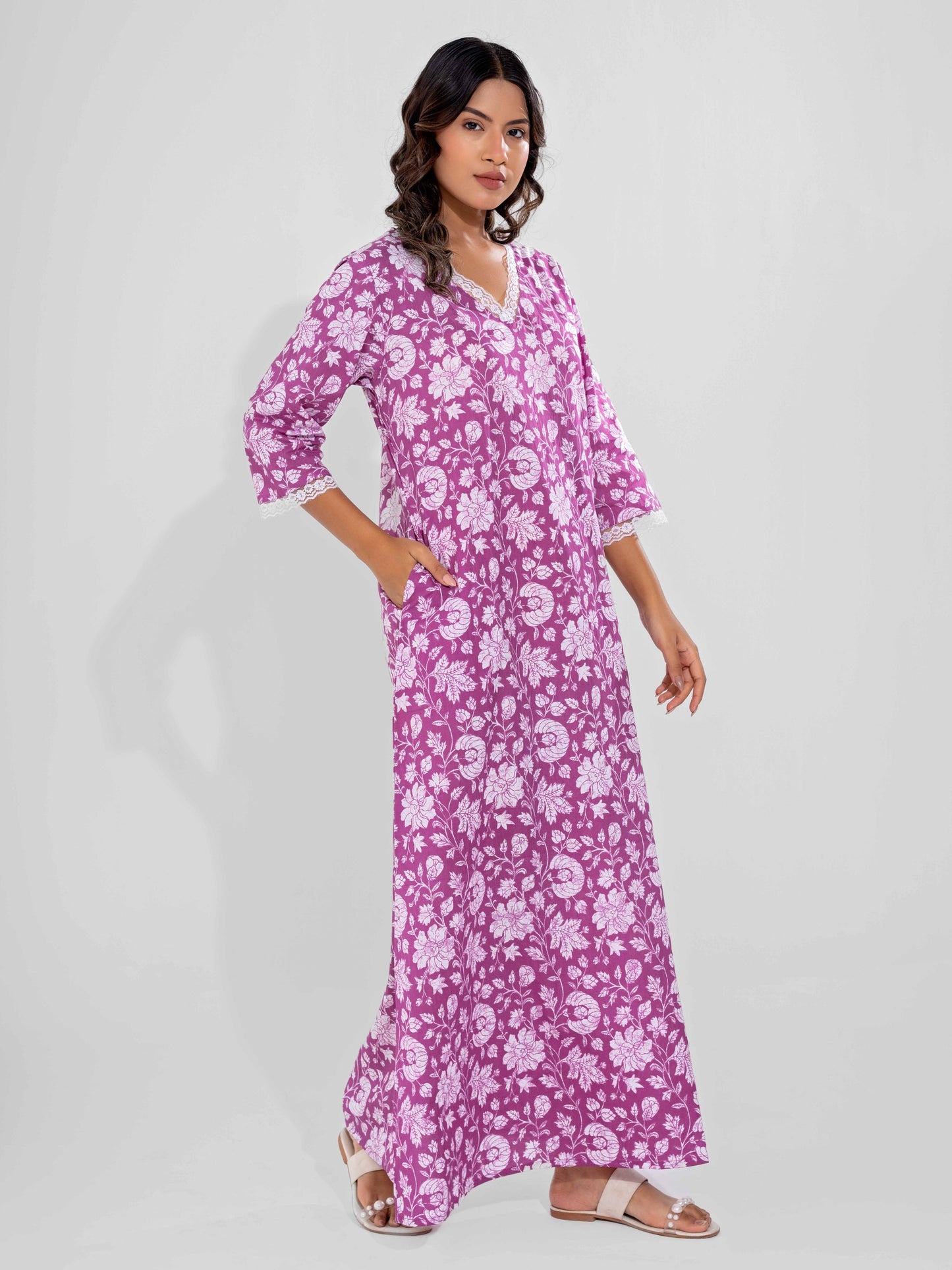 Taffy Pink Printed pureCotton V-Neck Night Maxi