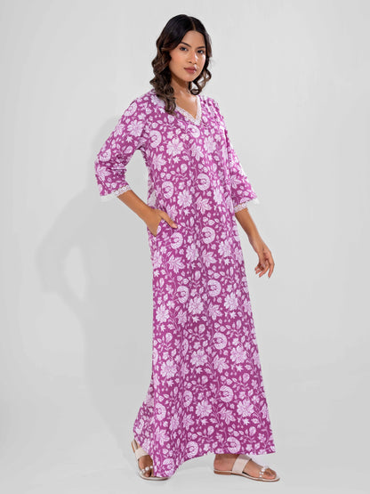 Taffy Pink Printed pureCotton V-Neck Night Maxi
