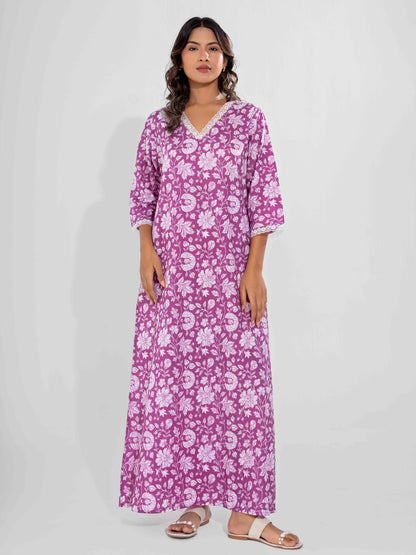 Taffy Pink Printed pureCotton V-Neck Night Maxi