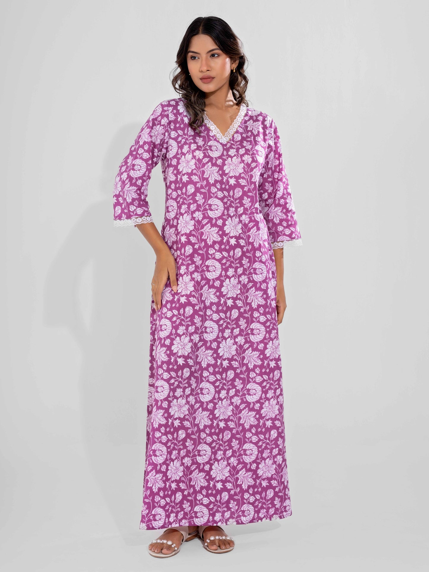 Taffy Pink Printed pureCotton V-Neck Night Maxi