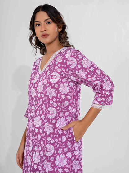 Taffy Pink Printed pureCotton V-Neck Night Maxi