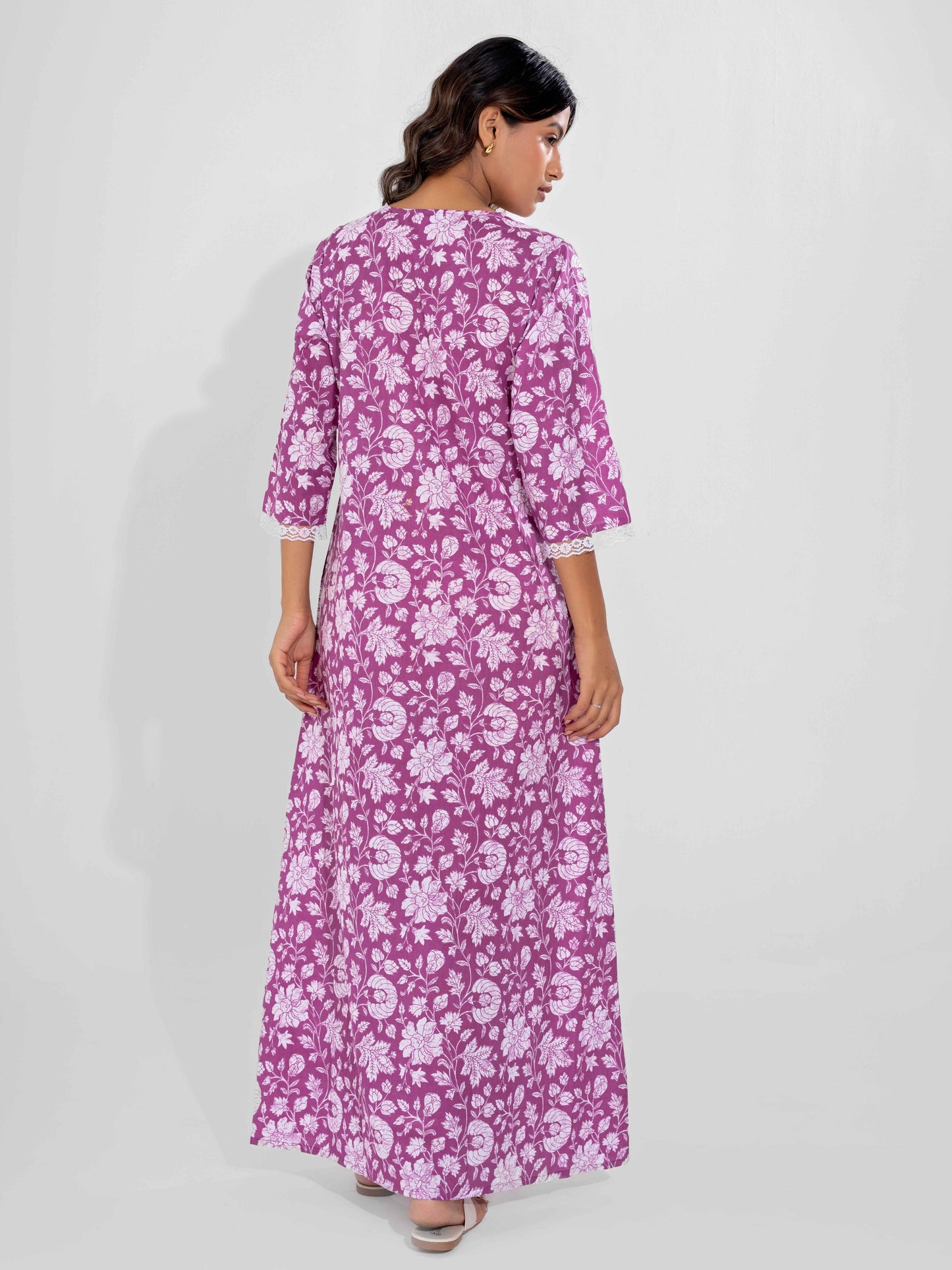 Taffy Pink Printed pureCotton V-Neck Night Maxi