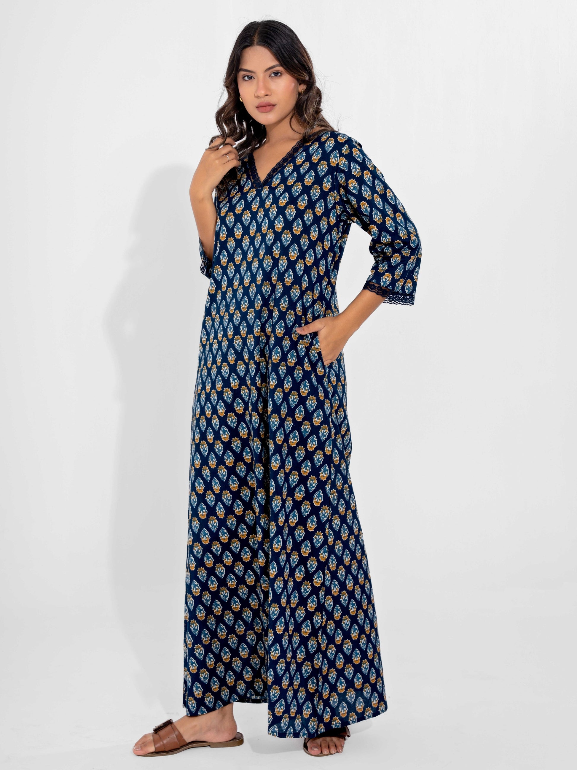 Blue Buti Pure Cotton V Neck Night Maxi