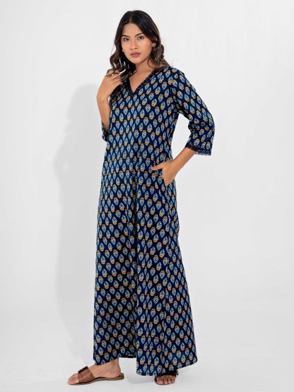 Blue Buti Pure Cotton V Neck Night Maxi