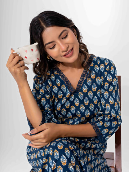 Blue Buti Pure Cotton V Neck Night Maxi