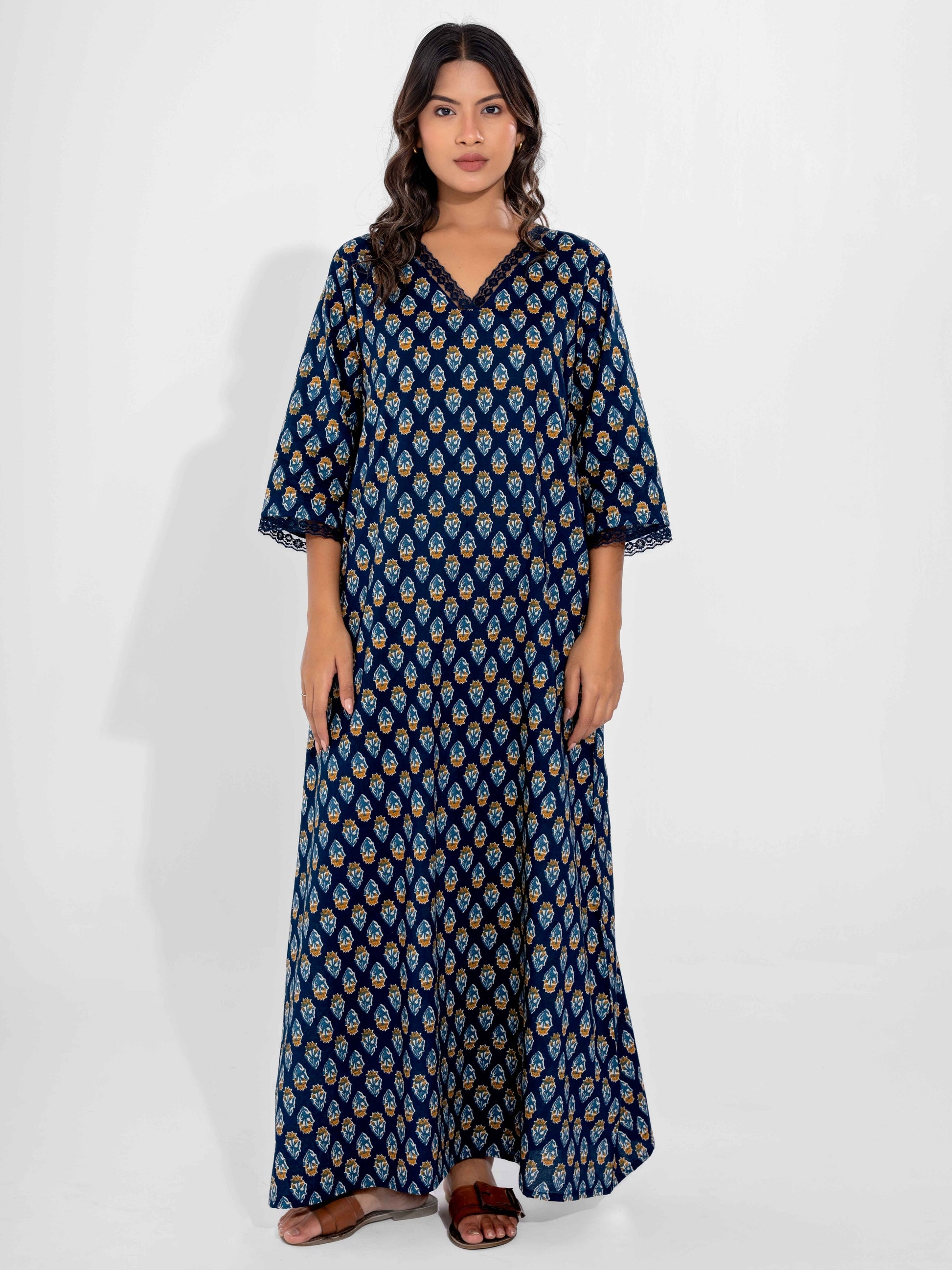 Blue Buti Pure Cotton V Neck Night Maxi