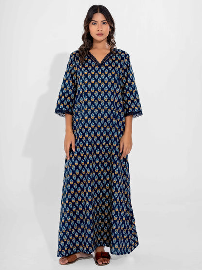 Blue Buti Pure Cotton V Neck Night Maxi